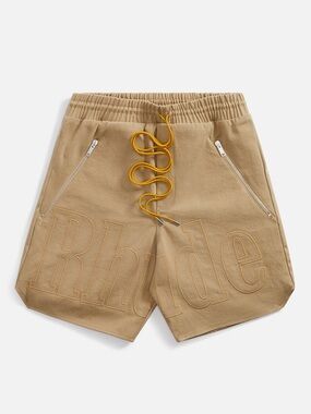 Rhude Embroidered Twill Logo Shorts Tan Zip Pocket Drawstring Size M